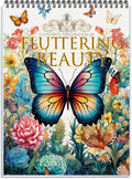 Spiral-bound adult coloring book cover with butterfly and flower illustration in vibrant colors