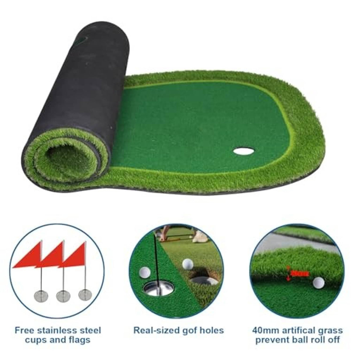 Rolled green artificial putting mat with built-in holes and red flag markers