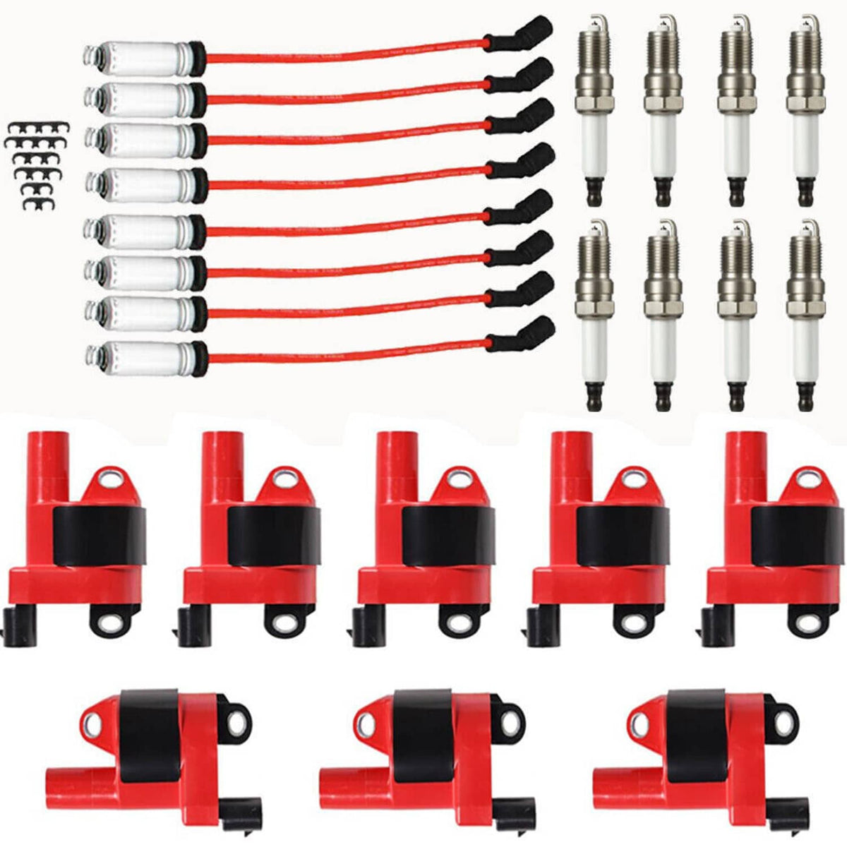 Spark plug wire kit with red silicone leads, black boots, and silver ignition components