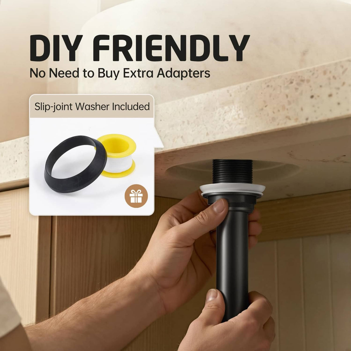 Matte black pop-up sink drain with included slip-joint washer for easy DIY install