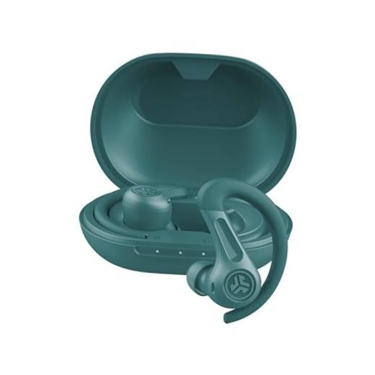 Teal true wireless earbuds with open charging case, foam tips visible