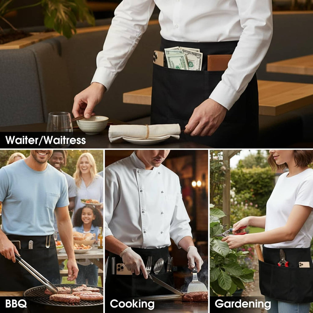 Black waist apron with 3 pockets, worn by staff in a service setting