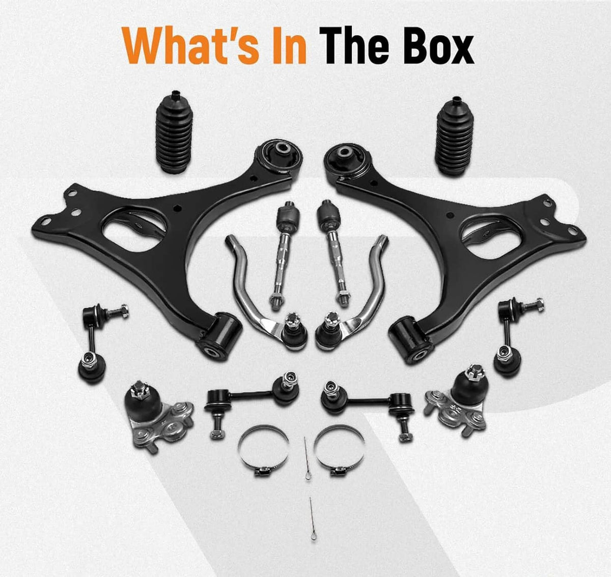 Suspension replacement parts set with control arms, ball joints, boots, and hardware