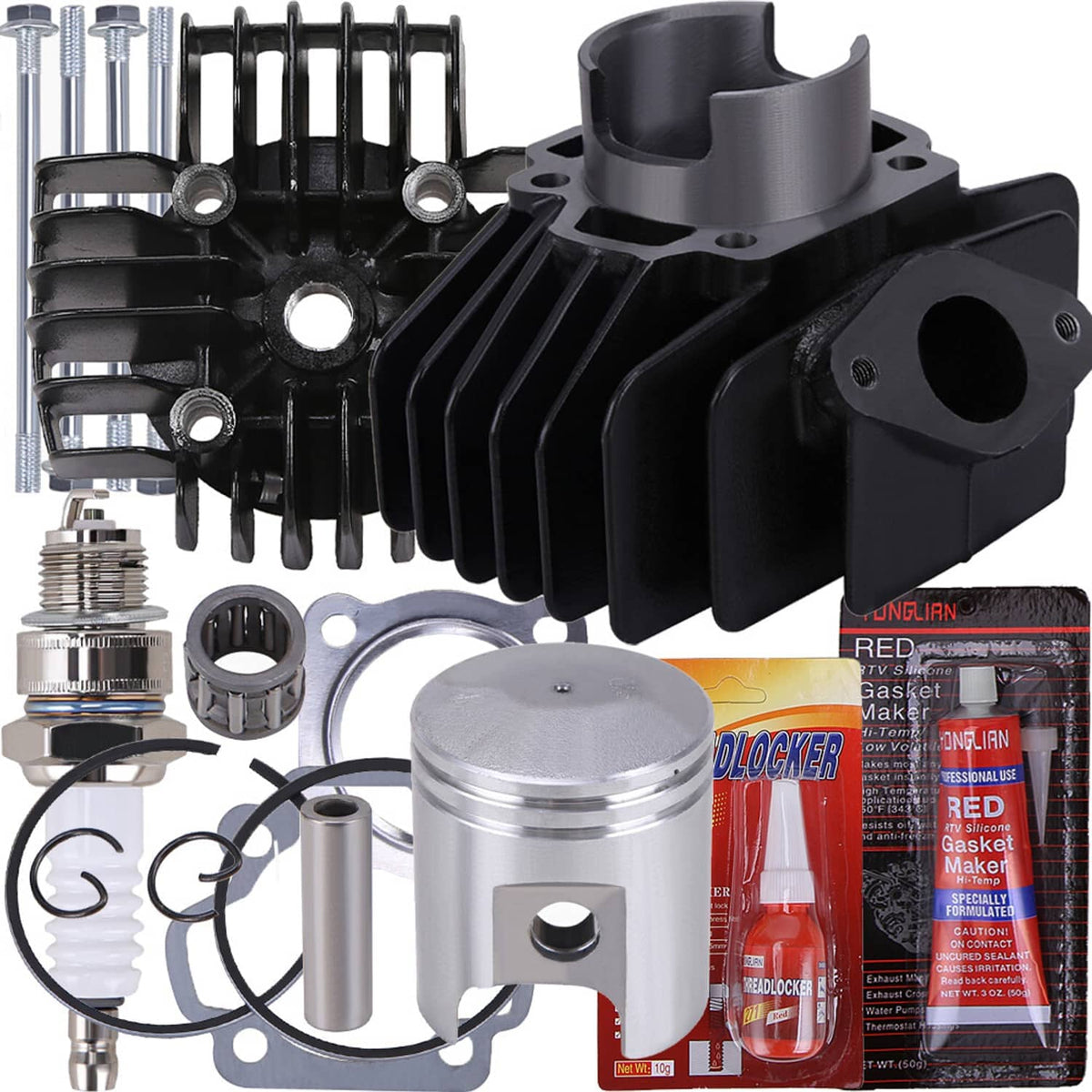 Motorcycle cylinder piston head kit with black cylinder block, silver piston, and included parts