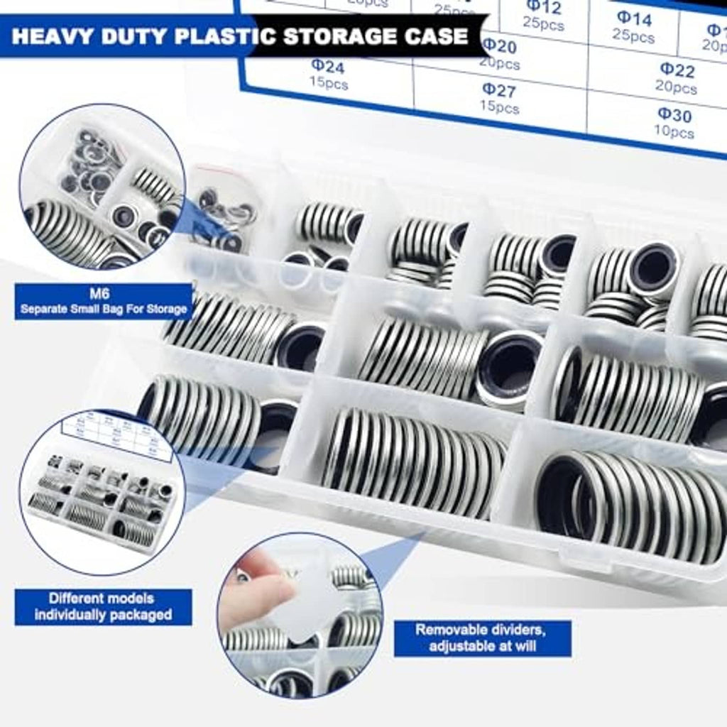 Bonded sealing washers assortment in heavy-duty plastic storage case with removable dividers