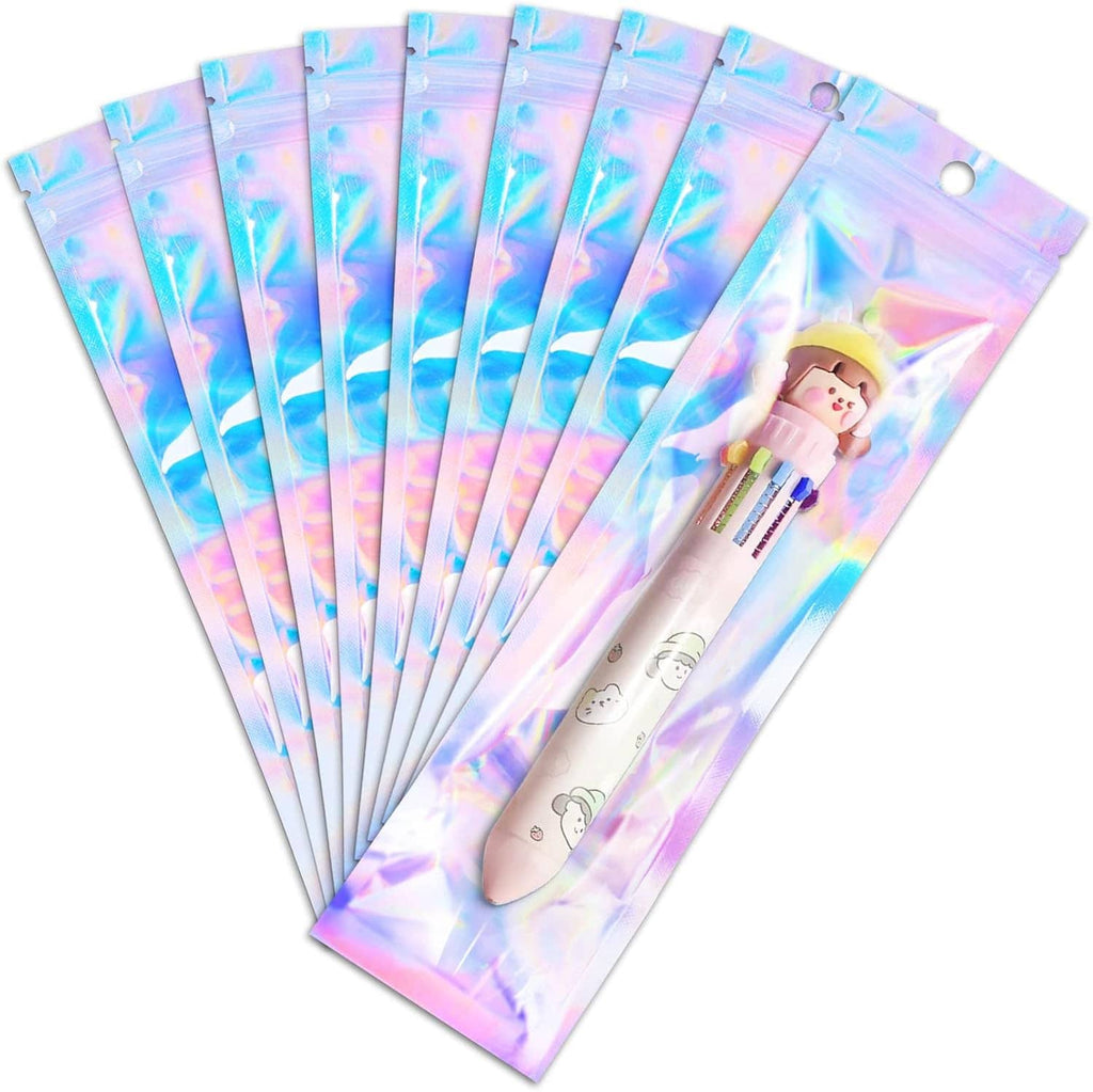 Holographic mylar pen bags, resealable 2.7x9 in, set of 50, with hanging hole.