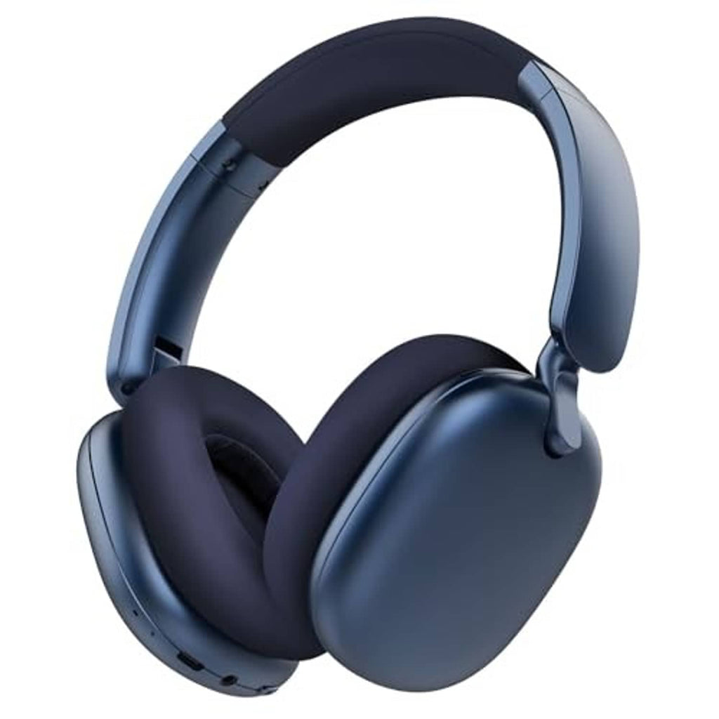 Blue over-ear wireless headphones with padded ear cups and dark headband