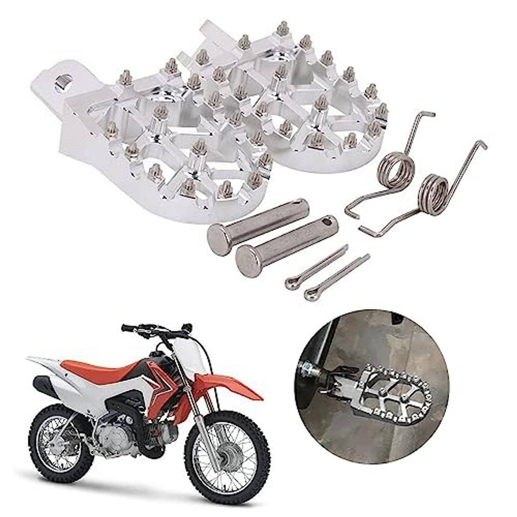 Silver motorcycle foot pegs with traction pins, springs, and installation hardware