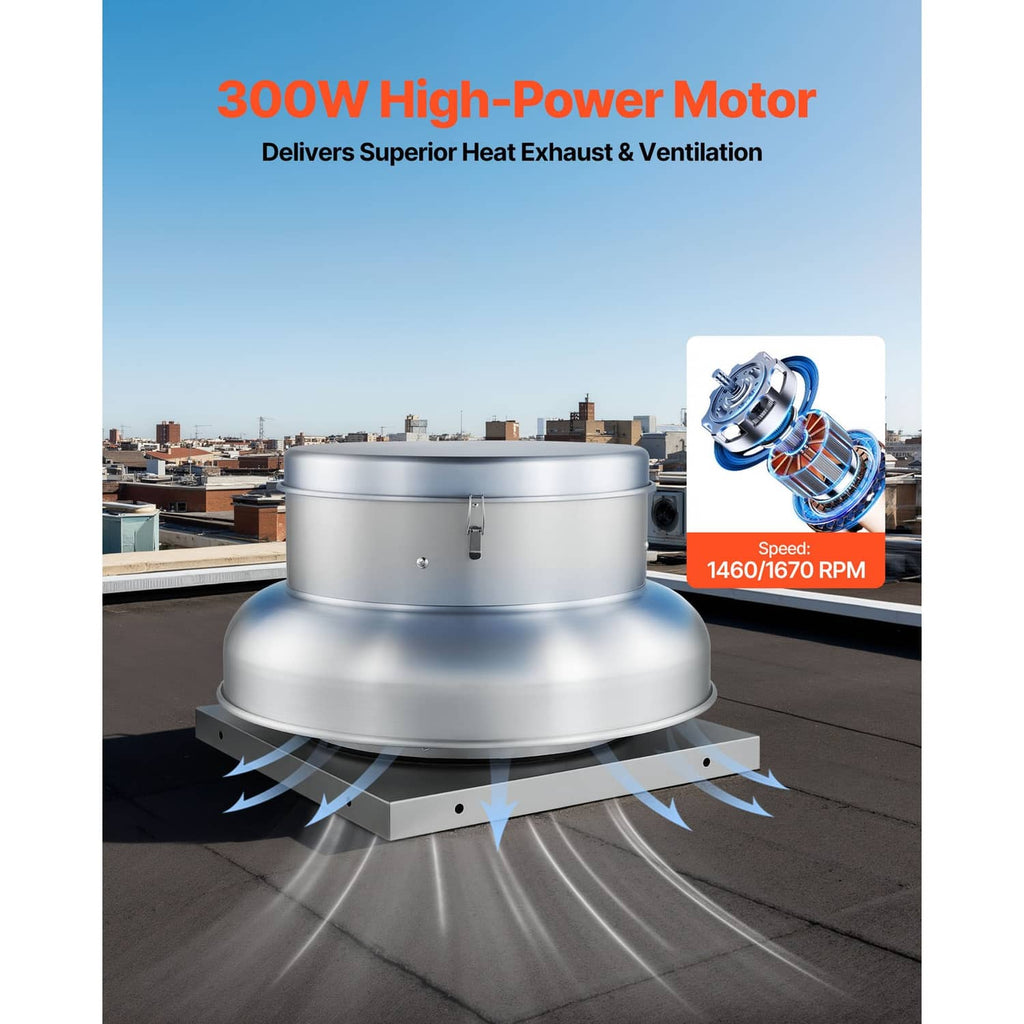 Roof exhaust fan with domed metal housing and airflow vents around the base