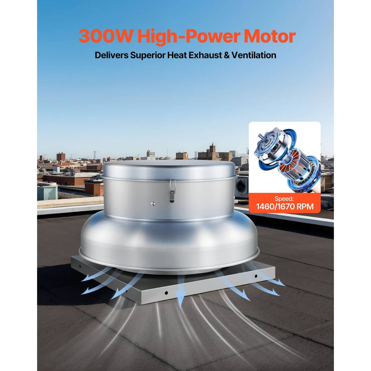 Roof exhaust fan with domed metal housing and airflow vents around the base