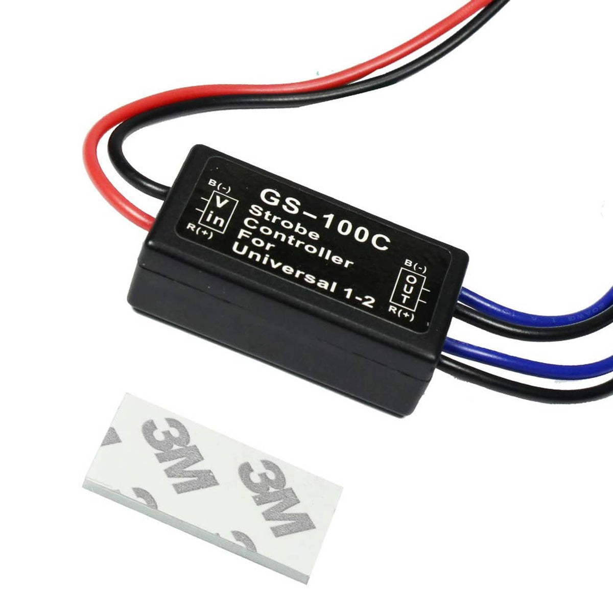 GS-100C strobe controller box with red, black, and blue wiring harness