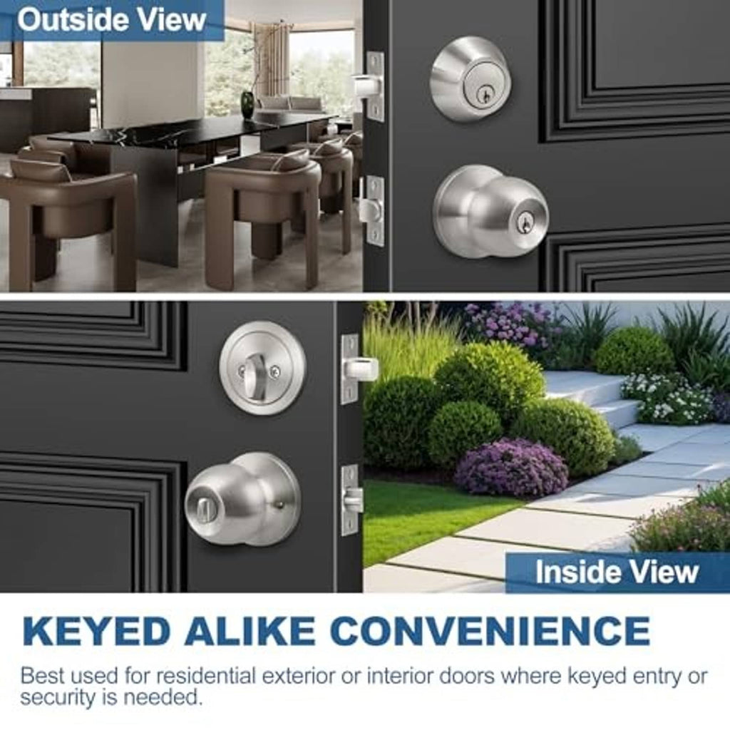 Satin nickel keyed-alike knob and deadbolt installed on exterior door, outside/inside views