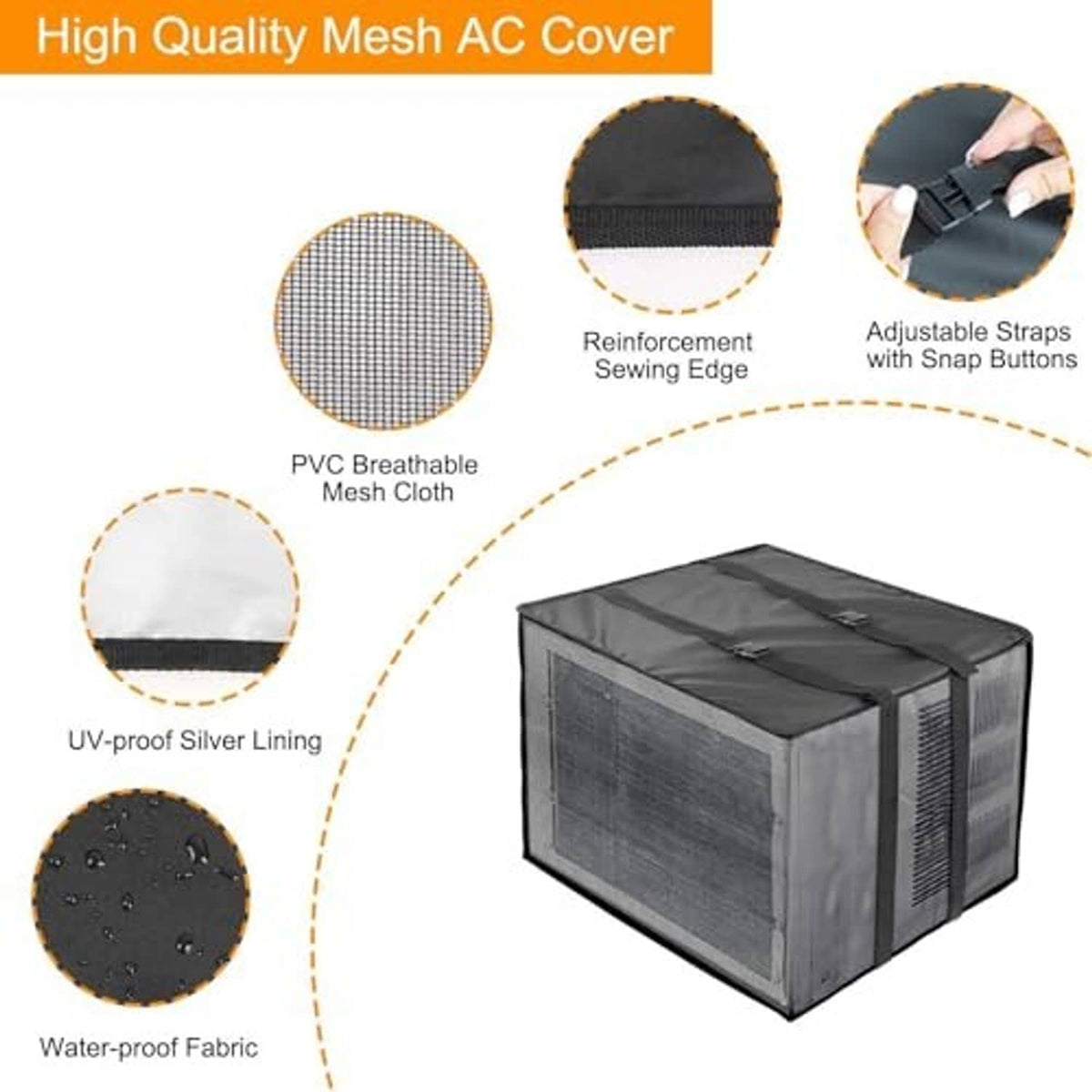 Black mesh AC cover with breathable PVC mesh, reinforced edge, adjustable snap straps