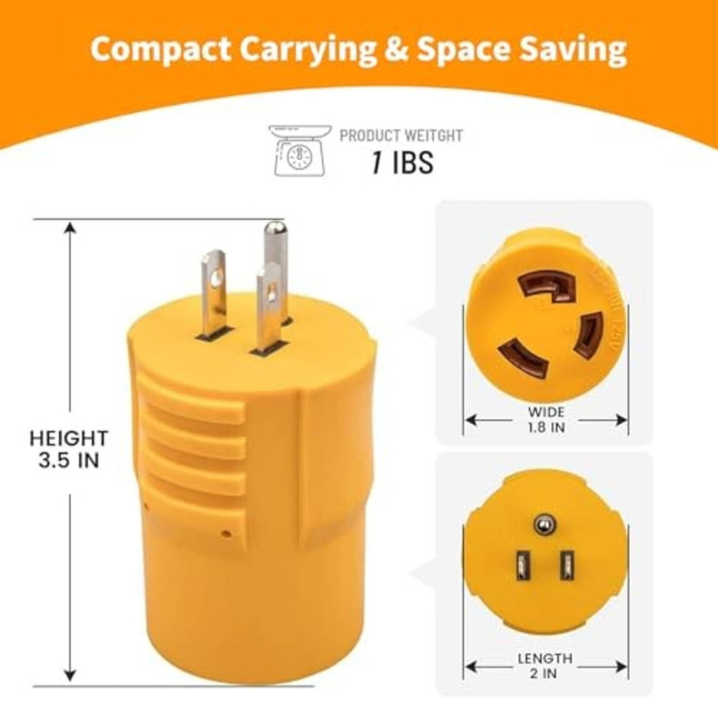 Yellow compact twist-lock adapter plug with three metal prongs, front view