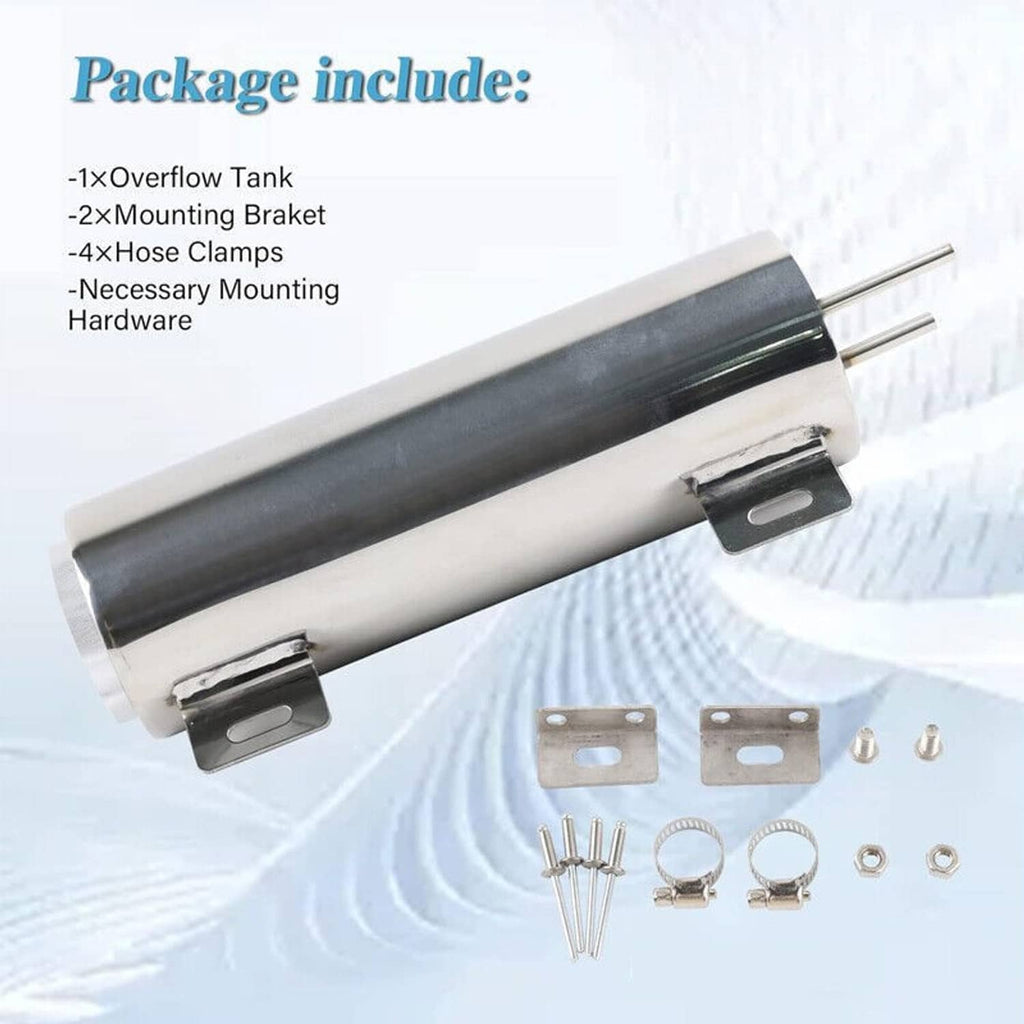 Stainless steel overflow tank kit with mounting brackets, hose clamps, and hardware