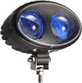 Blue dual-LED forklift safety spot light with black housing and metal mounting bracket