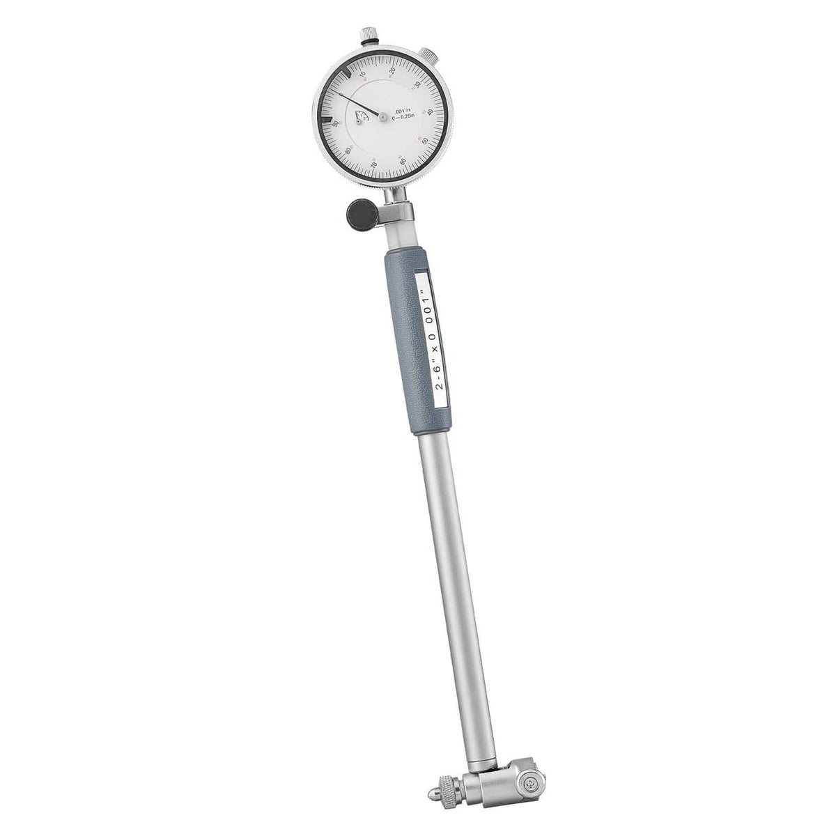 Dial test indicator bore gauge with circular dial, blue handle, and silver probe