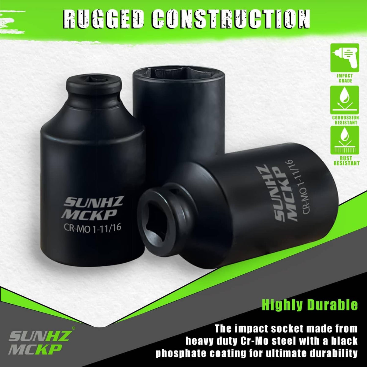 Black set of 1/2-inch drive deep impact sockets with 1-11/16 size markings