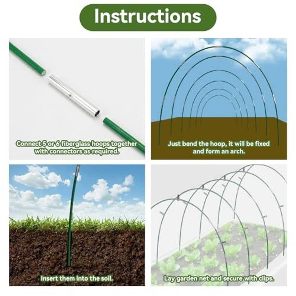 Assembly guide for garden netting frame: hoops, soil anchors, and securing clips