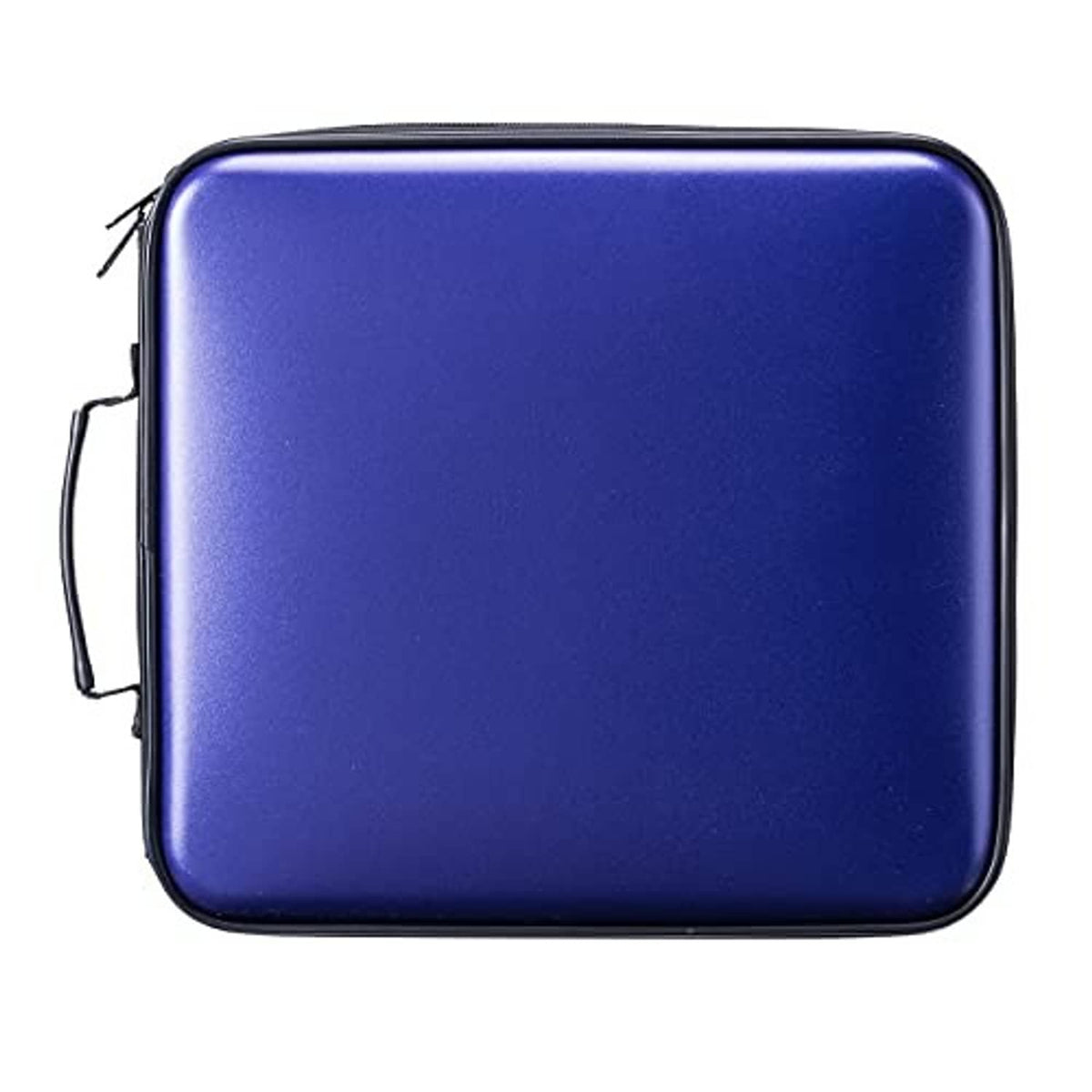 Blue CD storage case with black trim and zipper closure