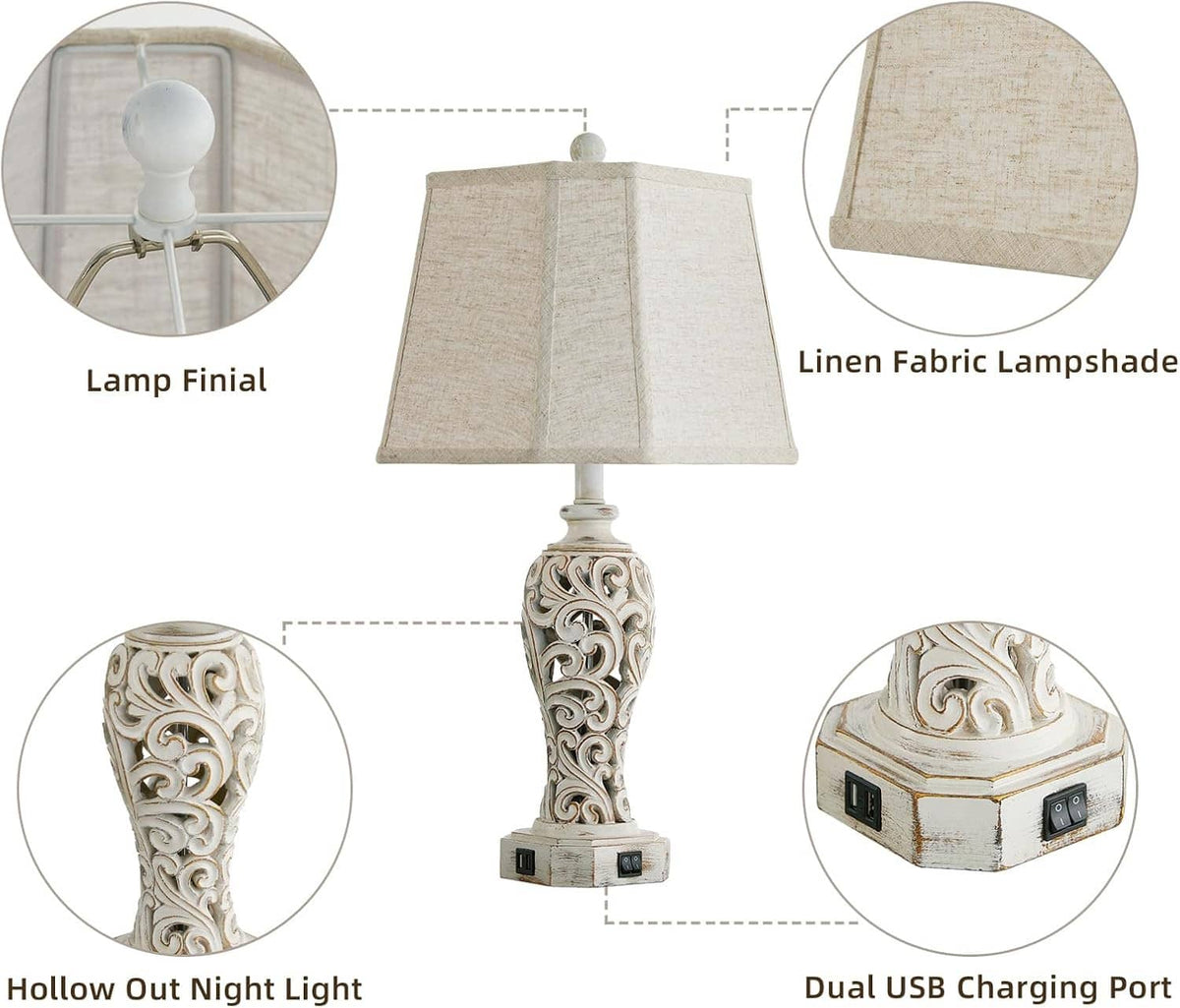 Set of 2 rustic table lamps with linen fabric shades, finial, hollow night light, and dual USB