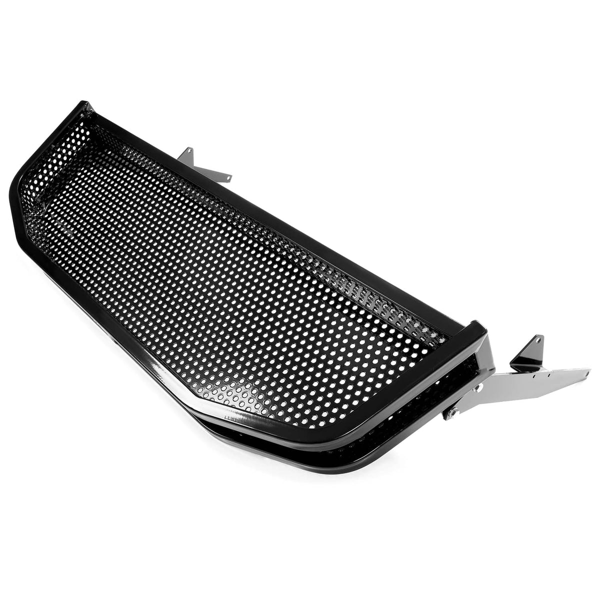 Perforated black front basket tray with mounting bracket arms, angled view