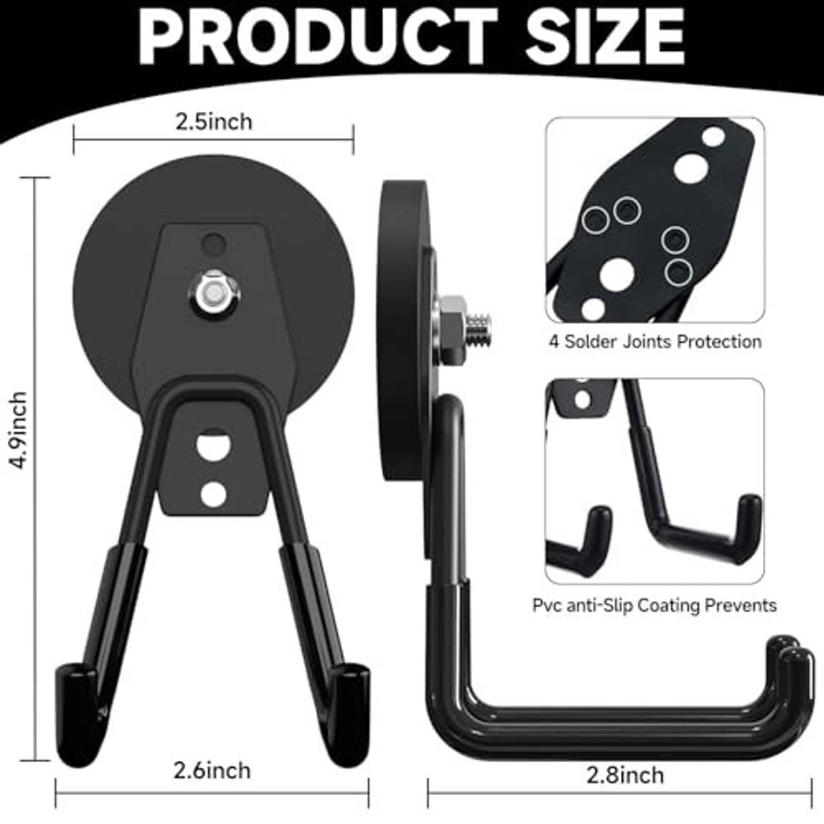 Black magnetic hook with curved arms and mounting plate shown with size details