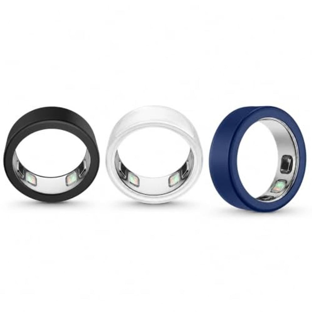 Three Oura-compatible silicone ring protectors in black, clear, and navy blue