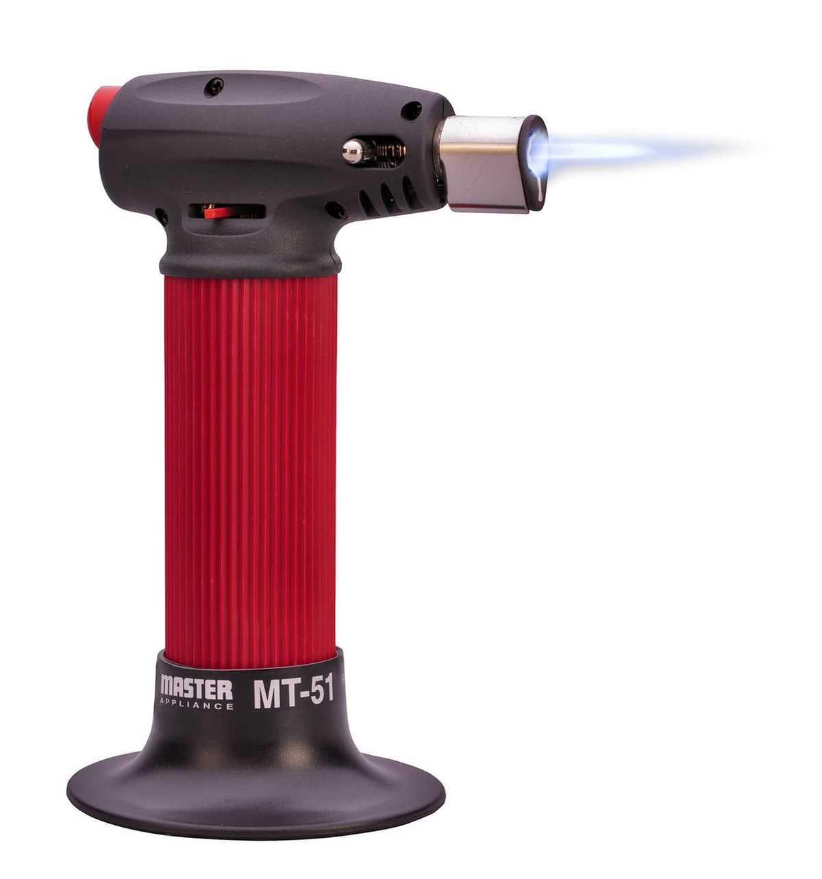 Professional butane torch lighter with red ribbed handle; lit flame on nozzle.