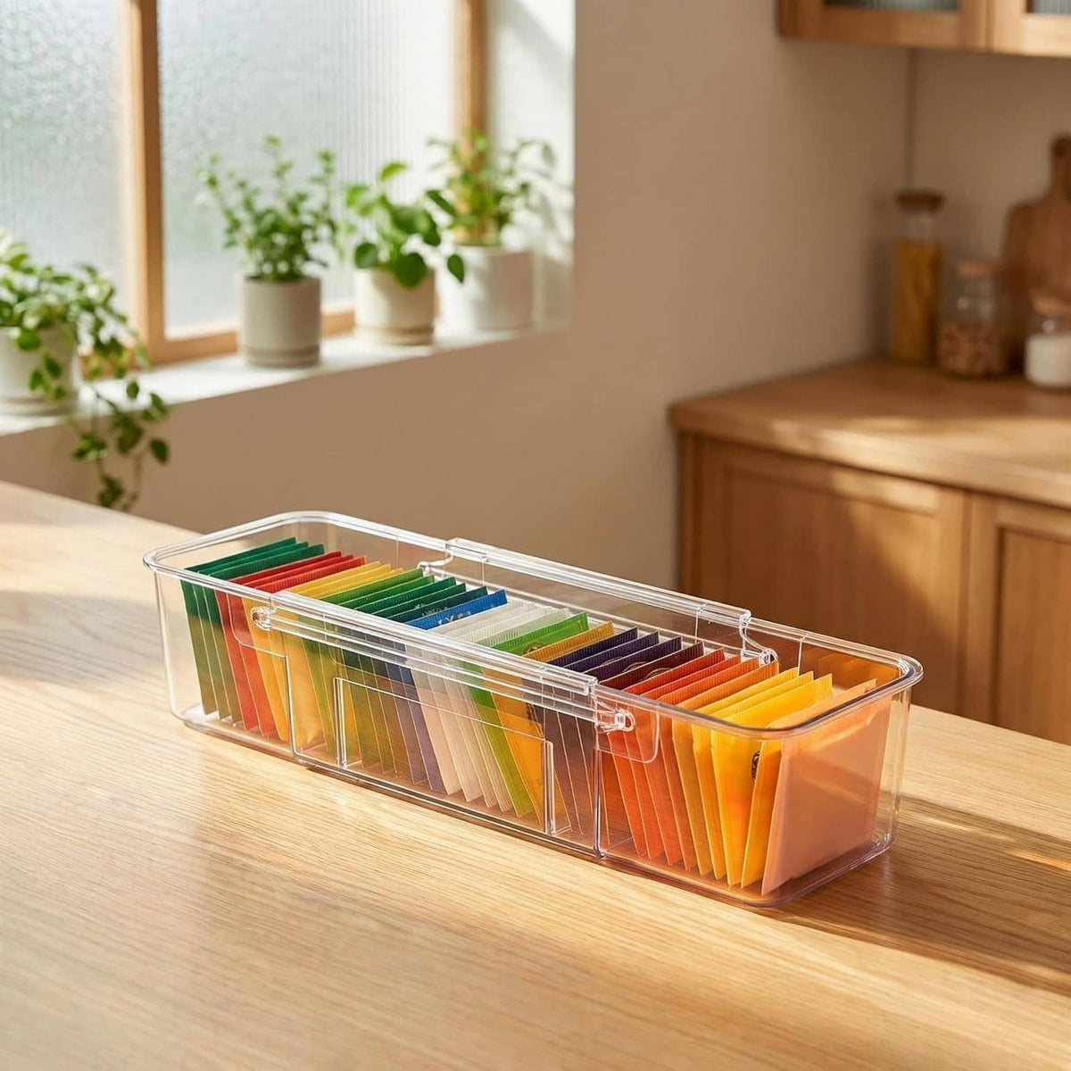 Clear acrylic tea packet organizer with multiple color tea sachets in divided rows