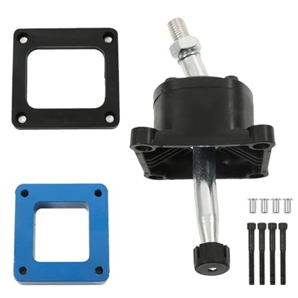 Short throw shifter replacement parts: black housing, blue plate, silver rod, screws and bolts