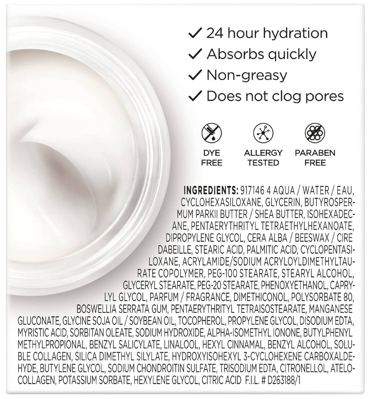 Collagen moisturizer ingredient label panel with ingredient list and icons