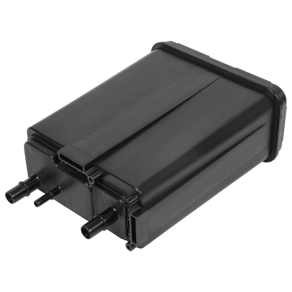 Black fuel vapor canister with two outlet ports on the front end