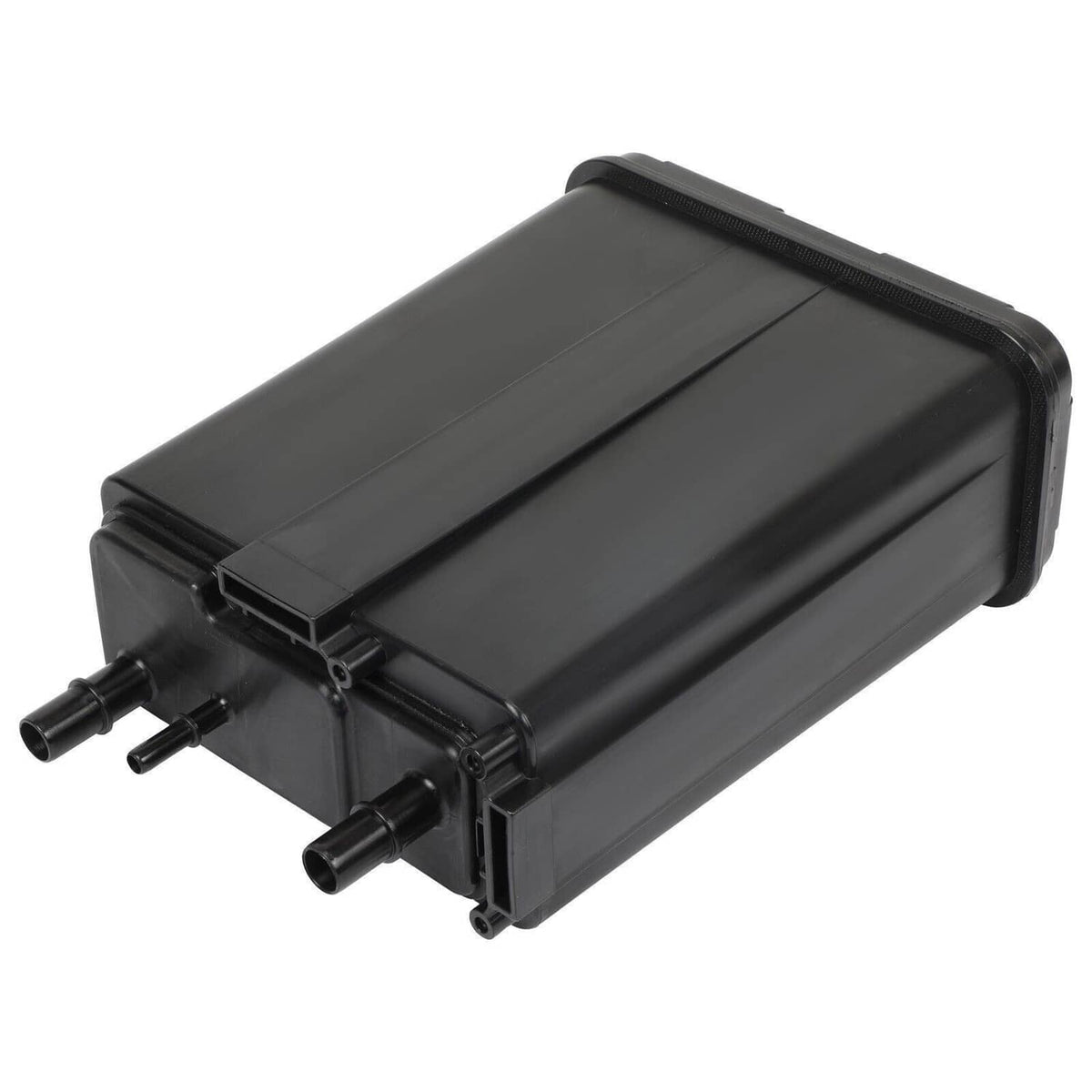 Black fuel vapor canister with two outlet ports on the front end