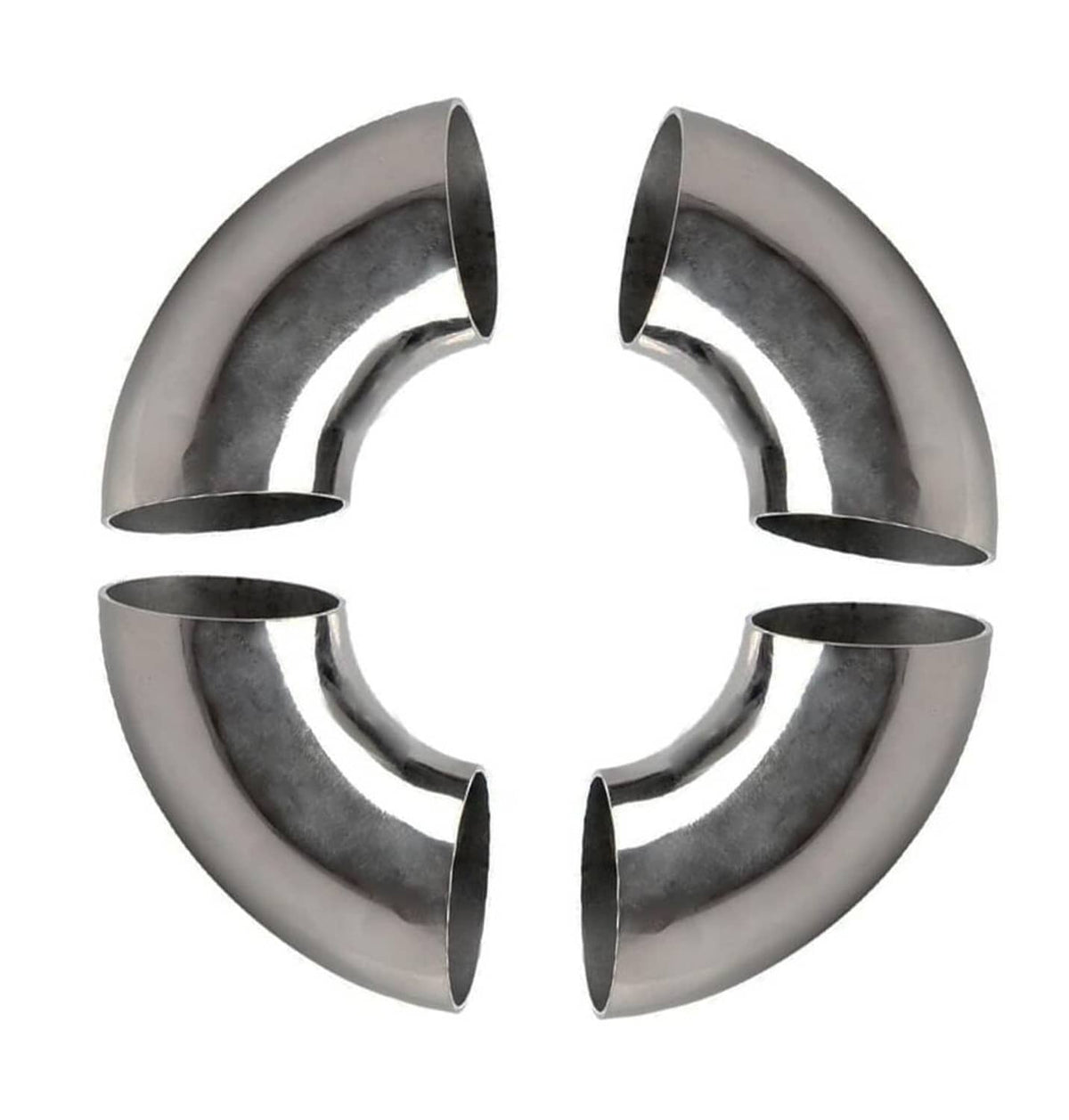 Polished stainless steel 90-degree exhaust elbow tube, 2 in OD, set of 4
