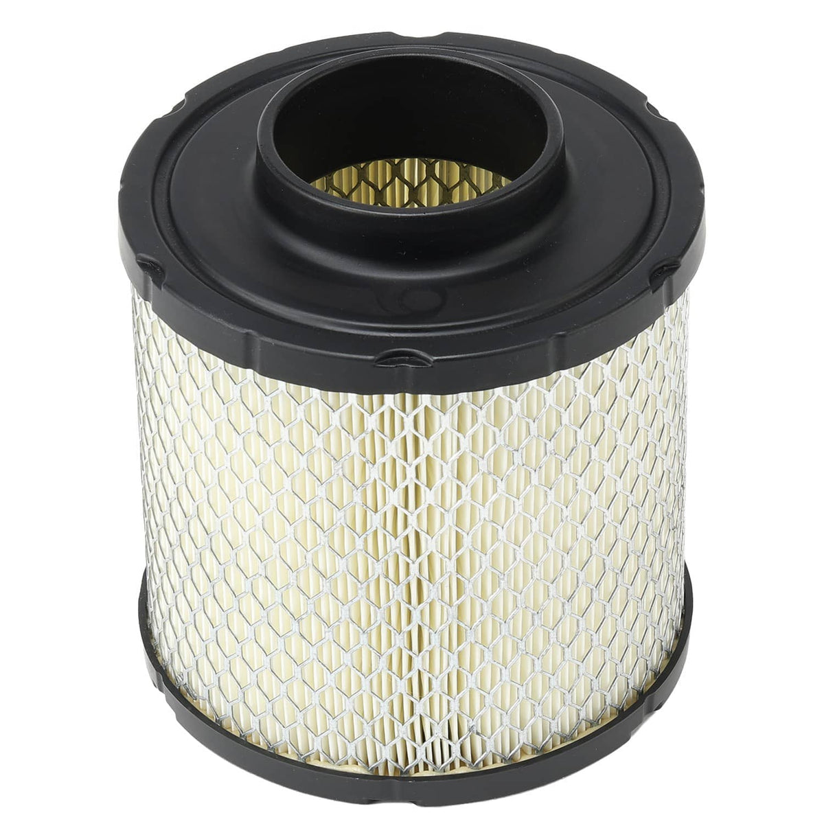 Cylindrical air filter with white pleated media and black round inlet on top