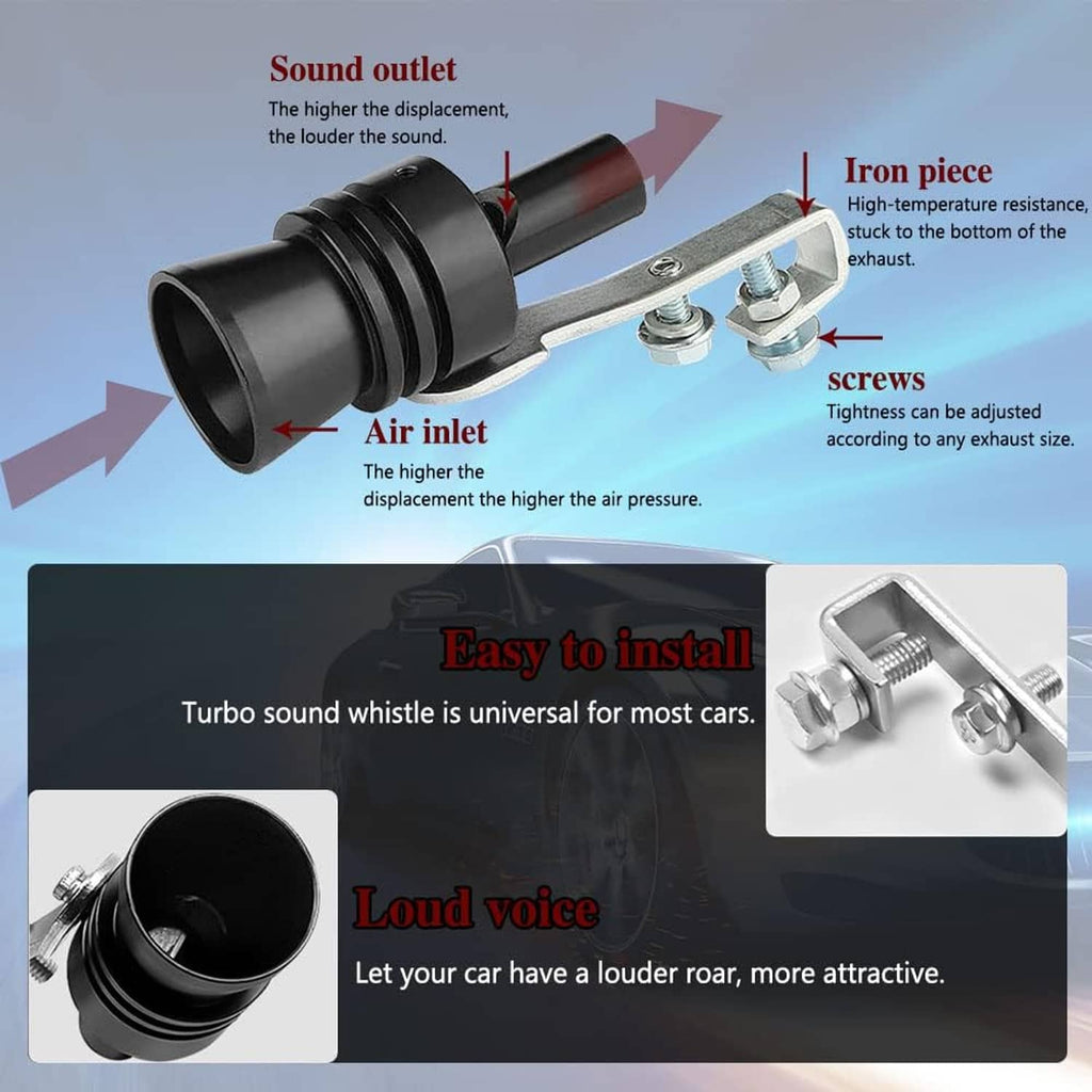 Black turbo whistle with mounting bracket, screws, and visible inlet/outlet ports diagram