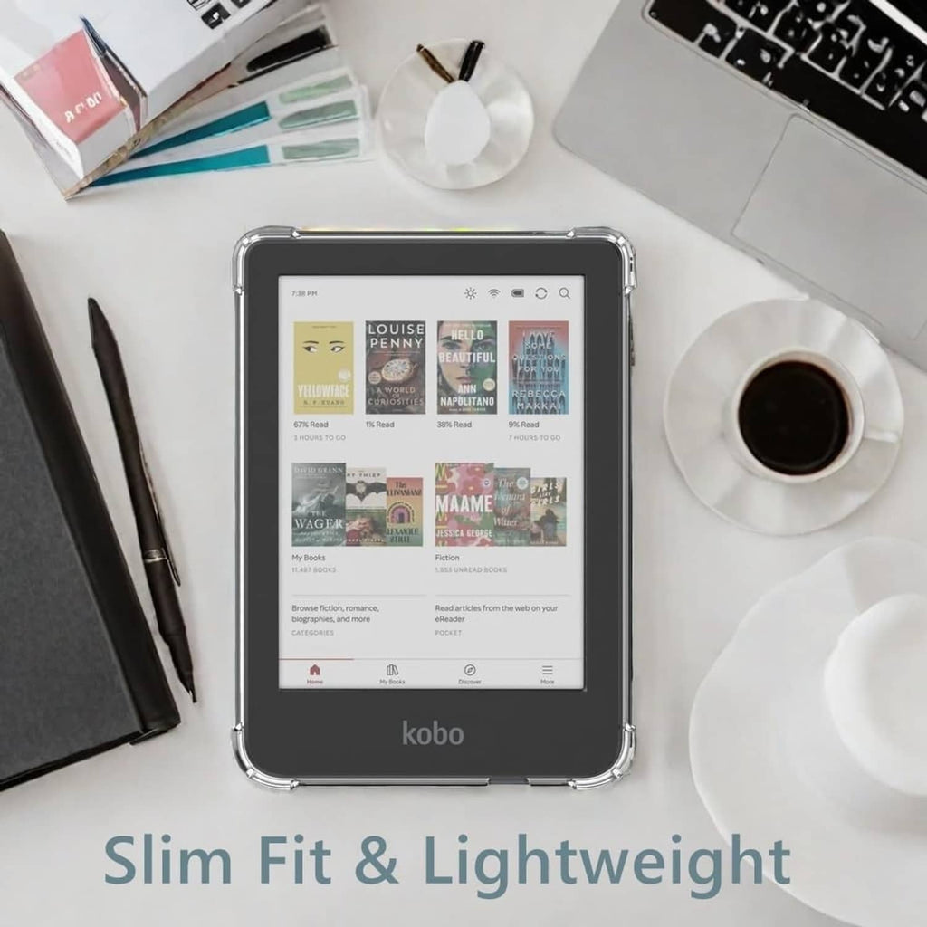 Transparent Kobo e-reader case, slim profile, front cover over the screen