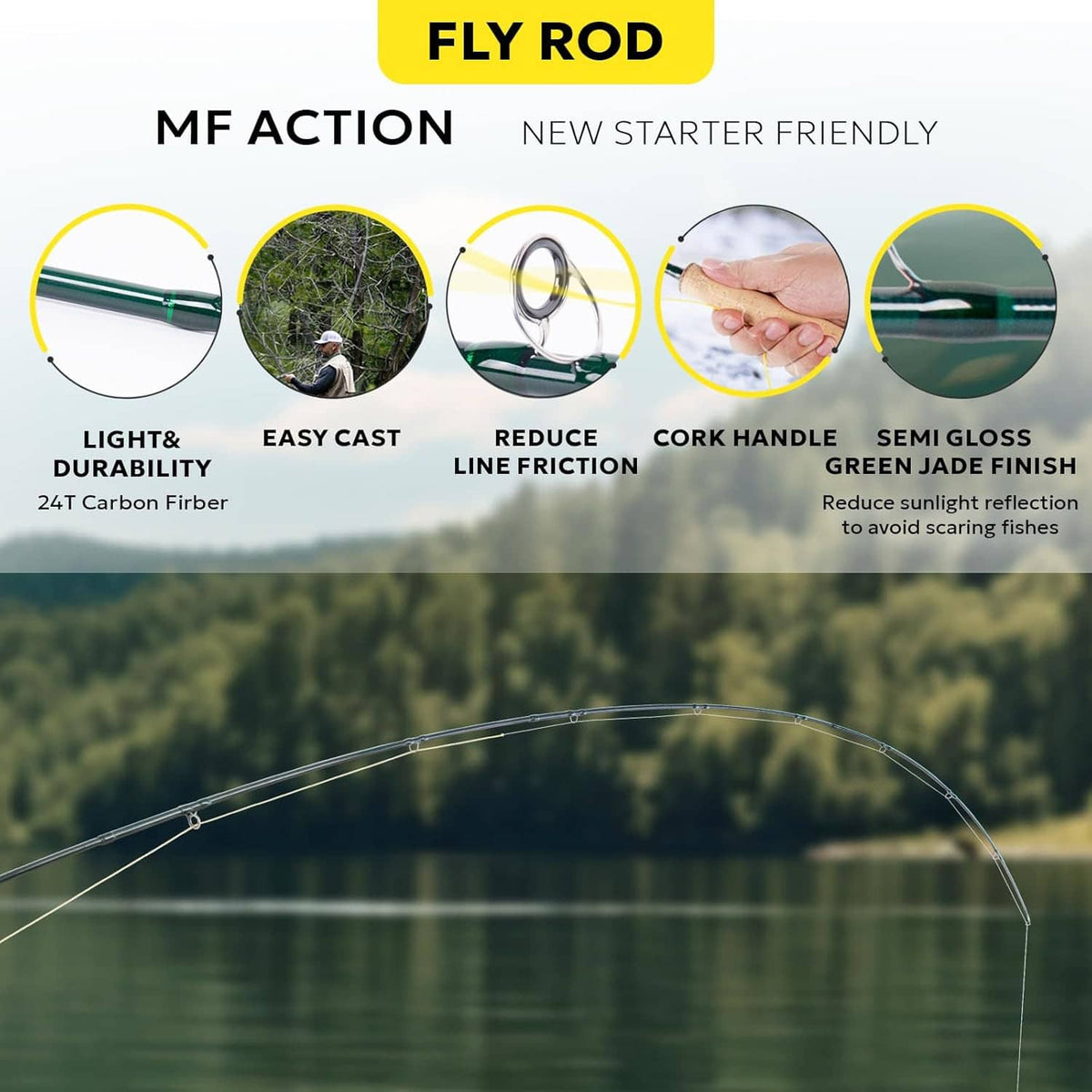 Green fly fishing rod with cork handle and semi-gloss jade finish