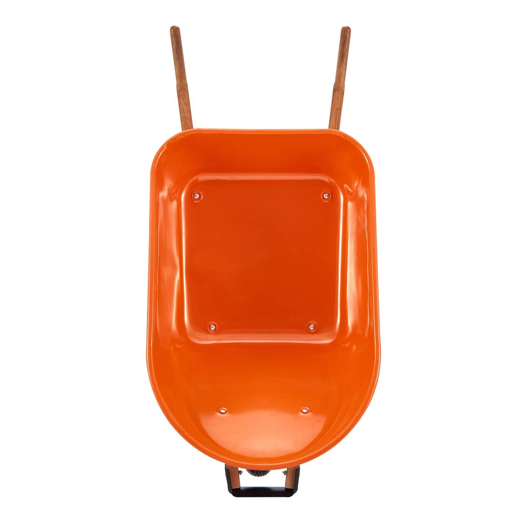 Orange metal garden dump cart tub with two wooden handles
