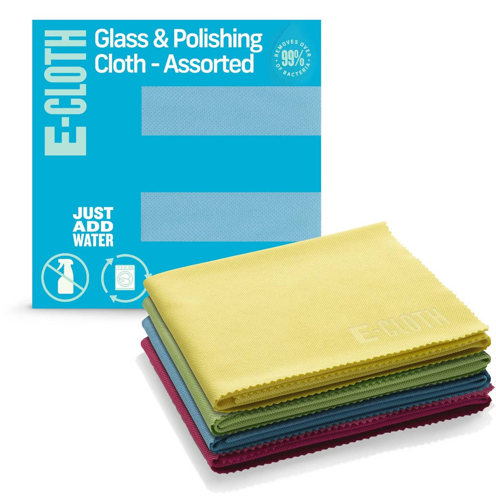 E-Cloth microfiber polishing cleaning cloth set, stacked yellow, green, and purple cloths