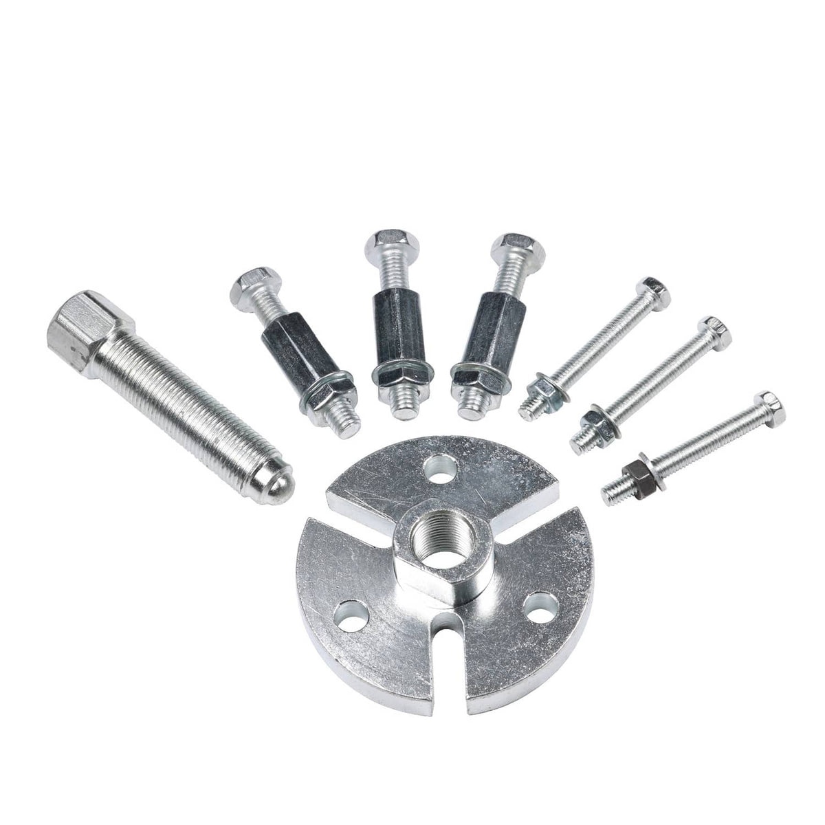 Flywheel puller tool kit with circular puller plate and assorted threaded screws