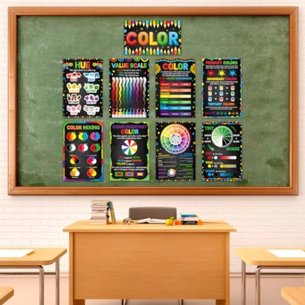 Color theory poster set displayed in a classroom frame with multiple laminated black charts