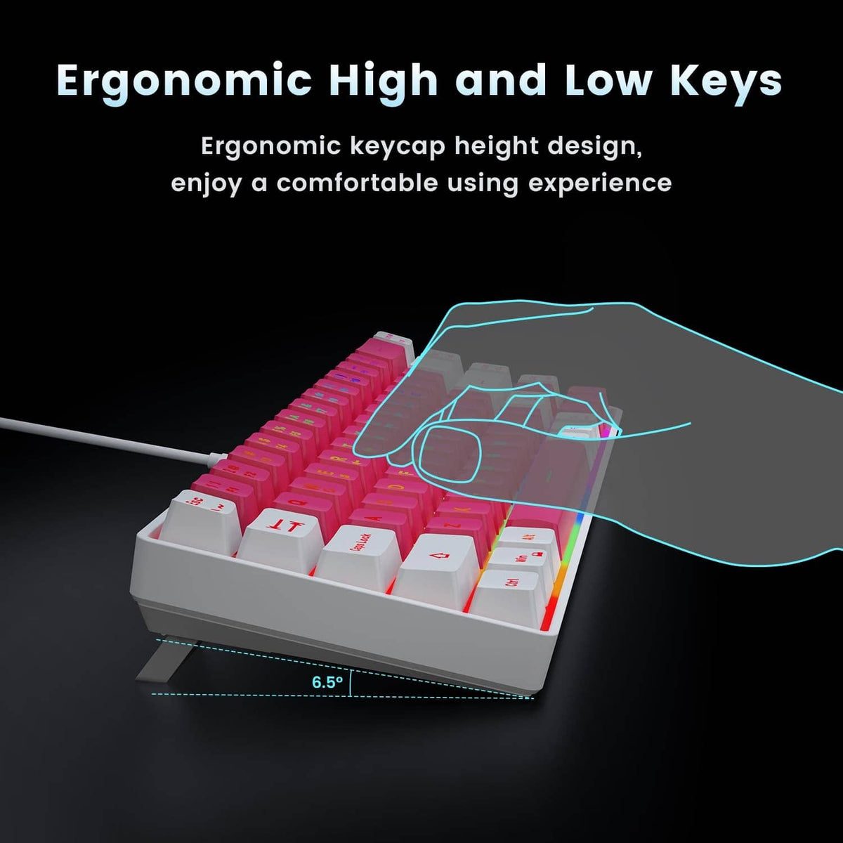 Ergonomic compact wired keyboard with pink keycaps, white keycaps, RGB lighting