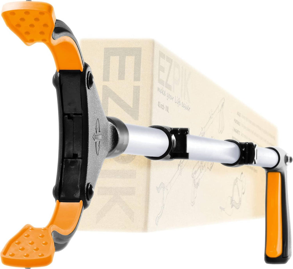 Foldable grabber reacher tool with orange anti-slip silicone foot and extended arm