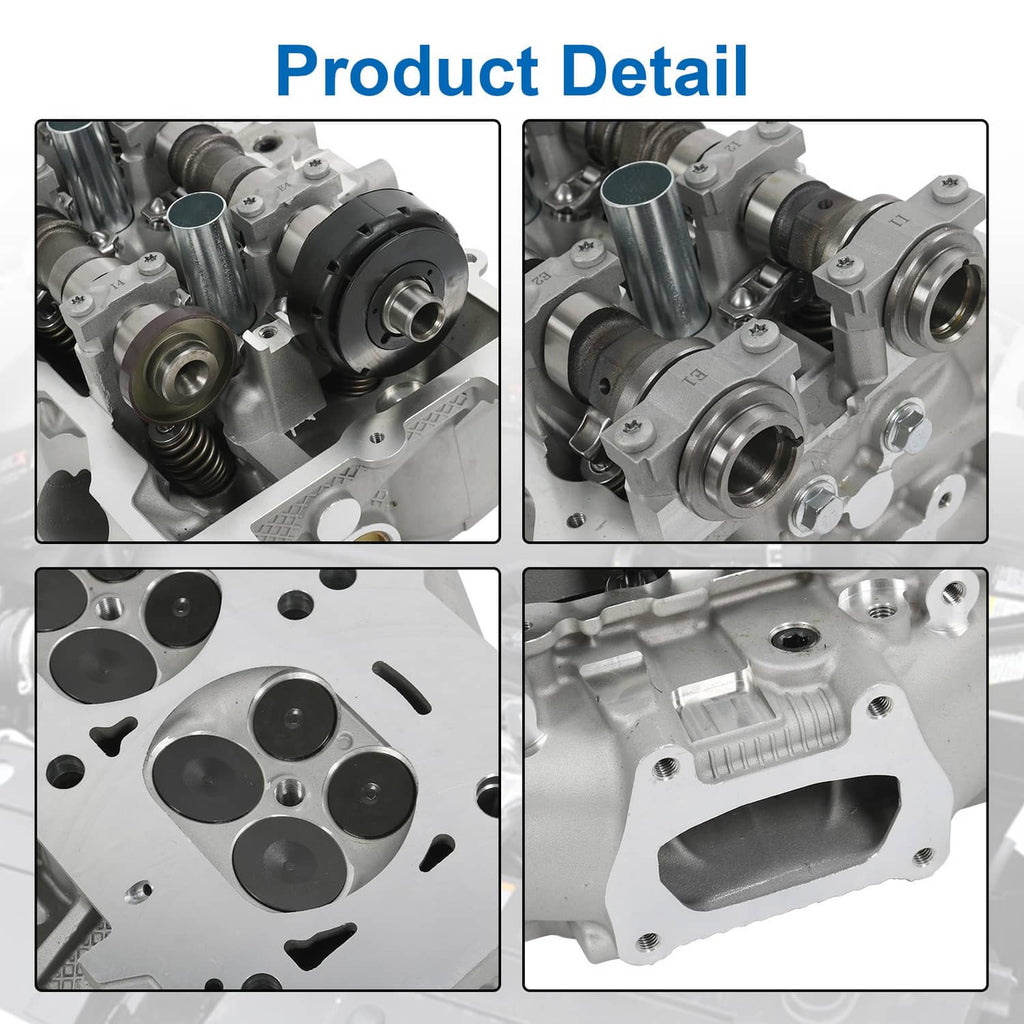 Cylinder head assembly close-up details: ports, bolt holes, cam area and cylinder bores