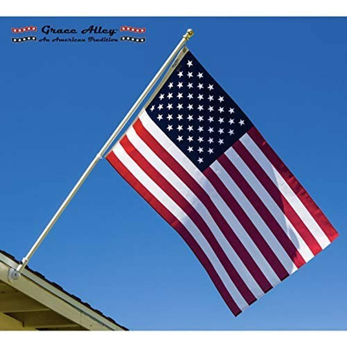 3x5 American flag flying on a pole, red stripes and white stars on blue