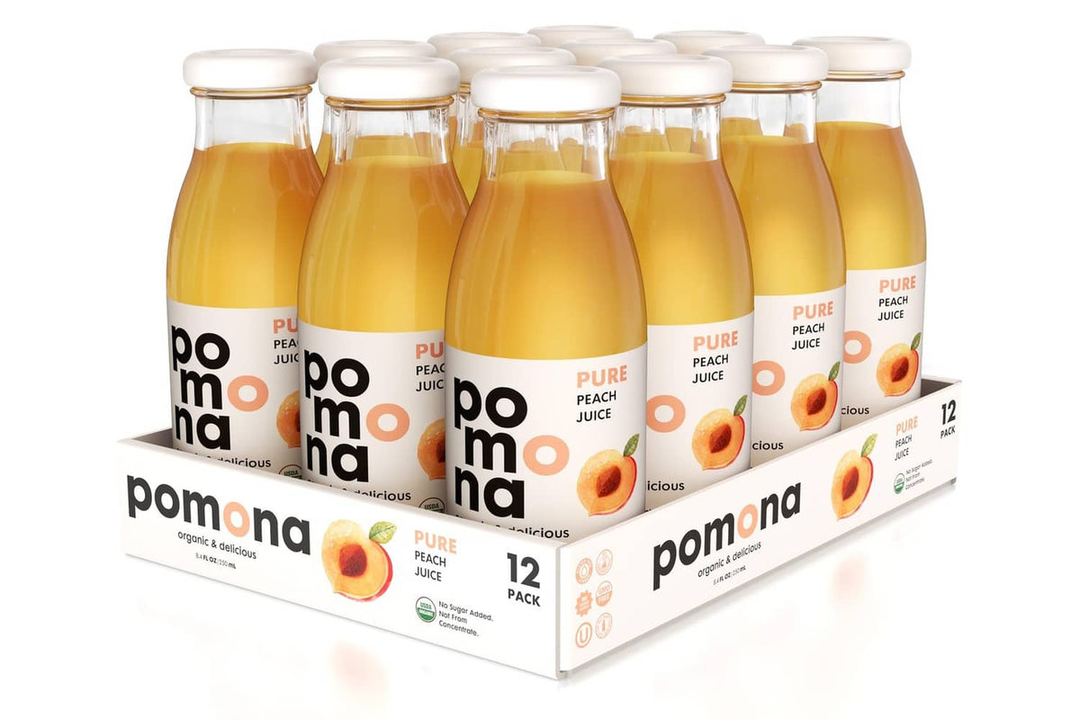 Pack of 12 organic peach juice bottles, cold pressed 8.4 fl oz