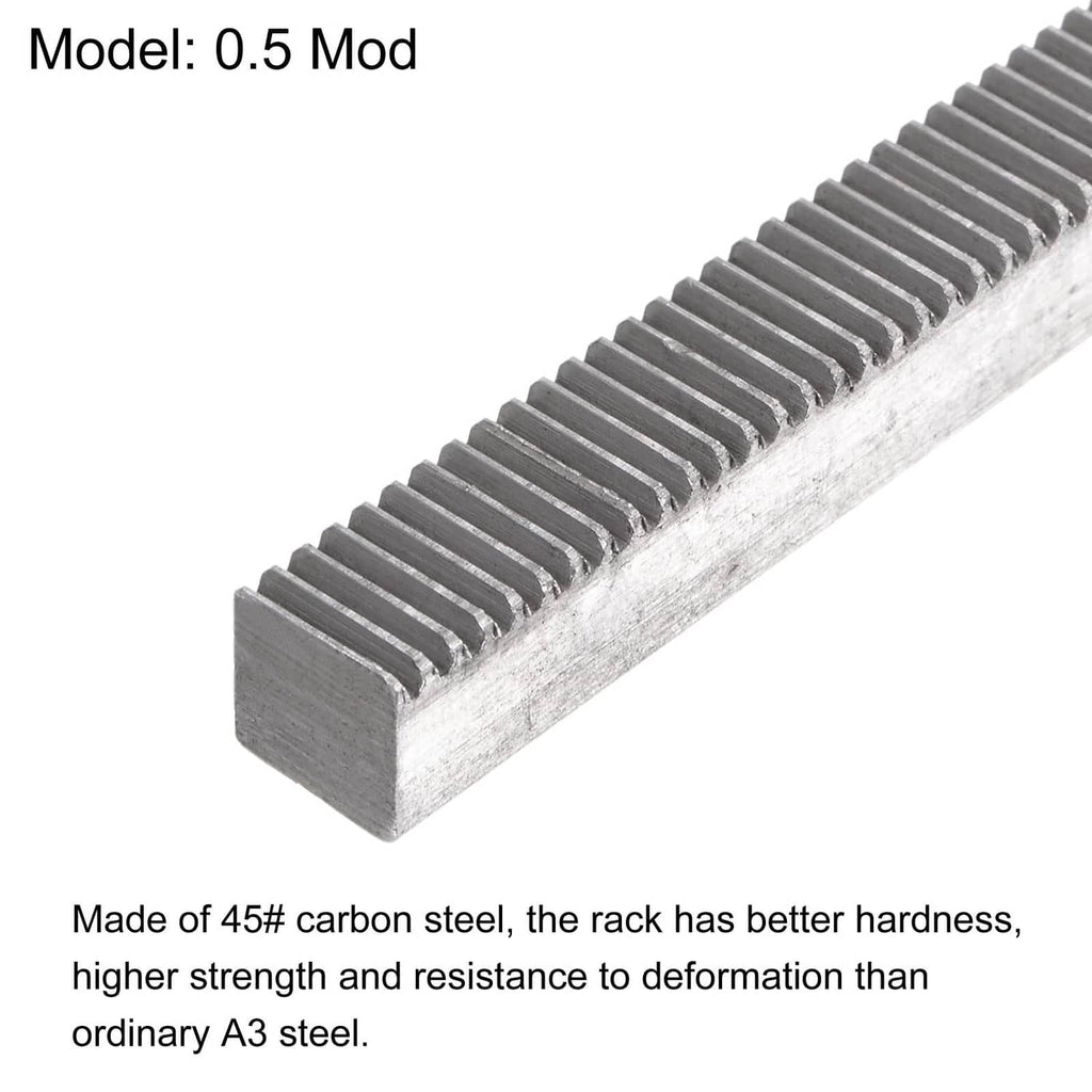Carbon steel gear rack section with Mod 0.5 tooth rows and textured surface