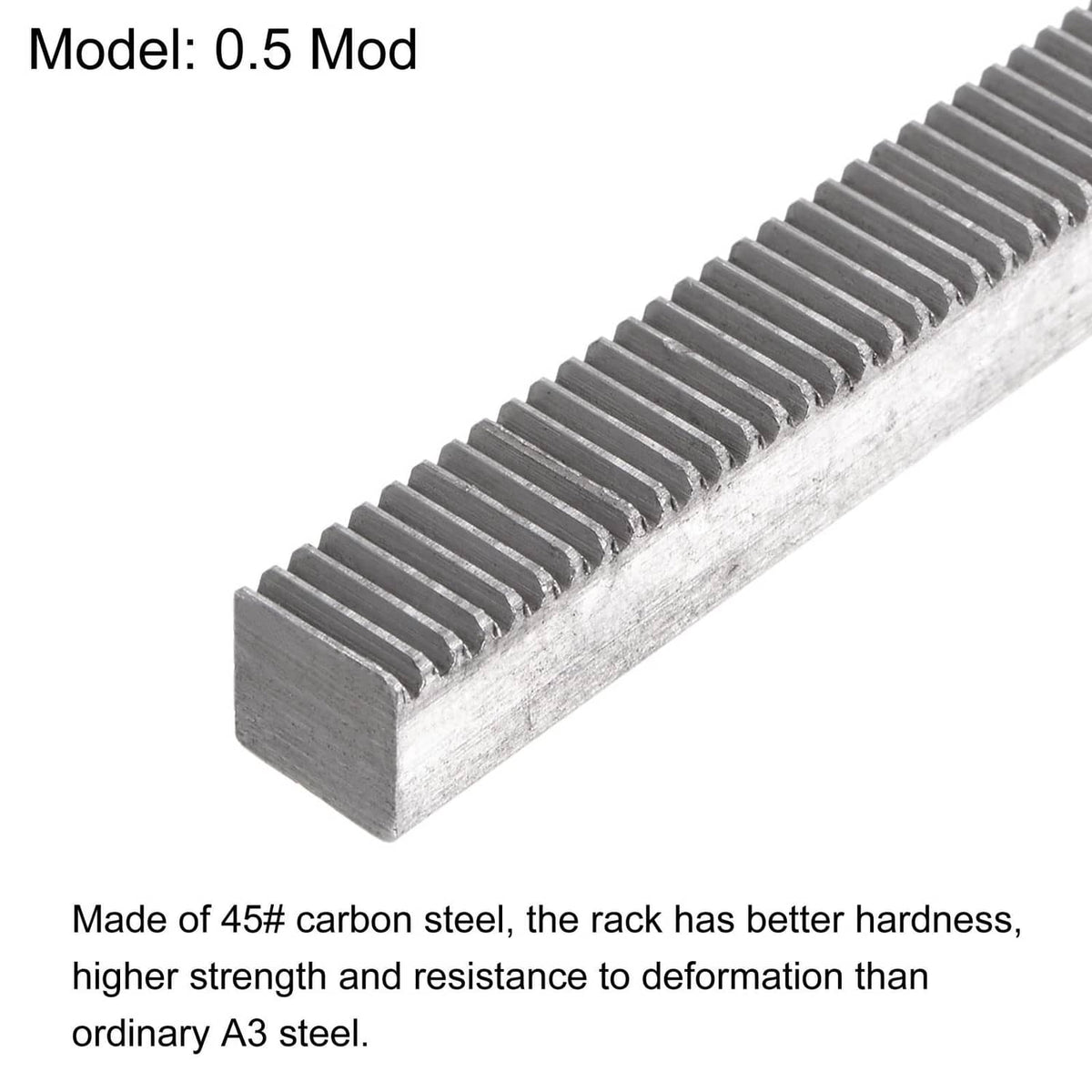 Carbon steel gear rack section with Mod 0.5 tooth rows and textured surface